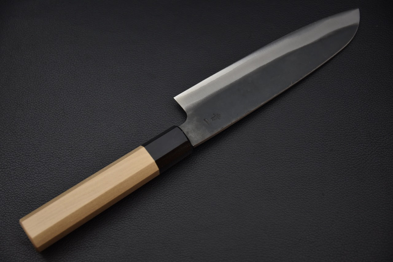 Santoku japonais 165mm haut de gamme Hitohira Hizen, acier Blue #1 poli kurouchi avec manche ho wood