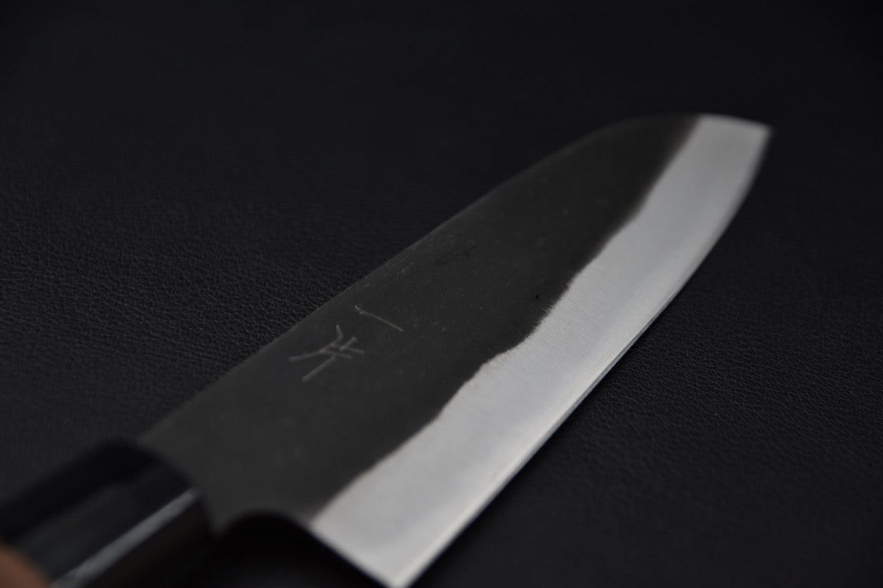 Japanese knife Hitohira Hizen Kurouchi White #2 Santoku blade close-up kurouchi finish
