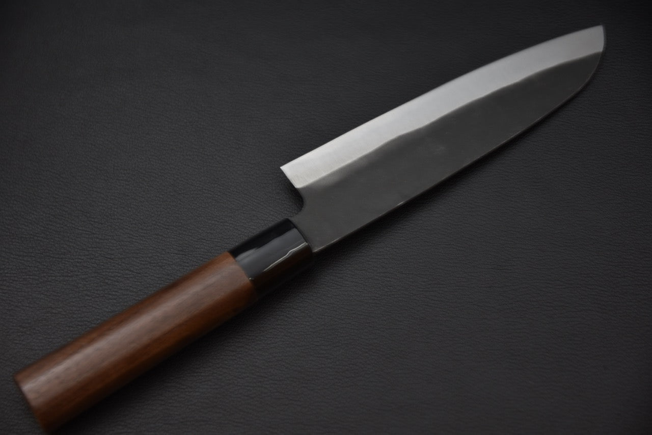 Japanese knife Hitohira Hizen Kurouchi White #2 Santoku poignée noyer detail"