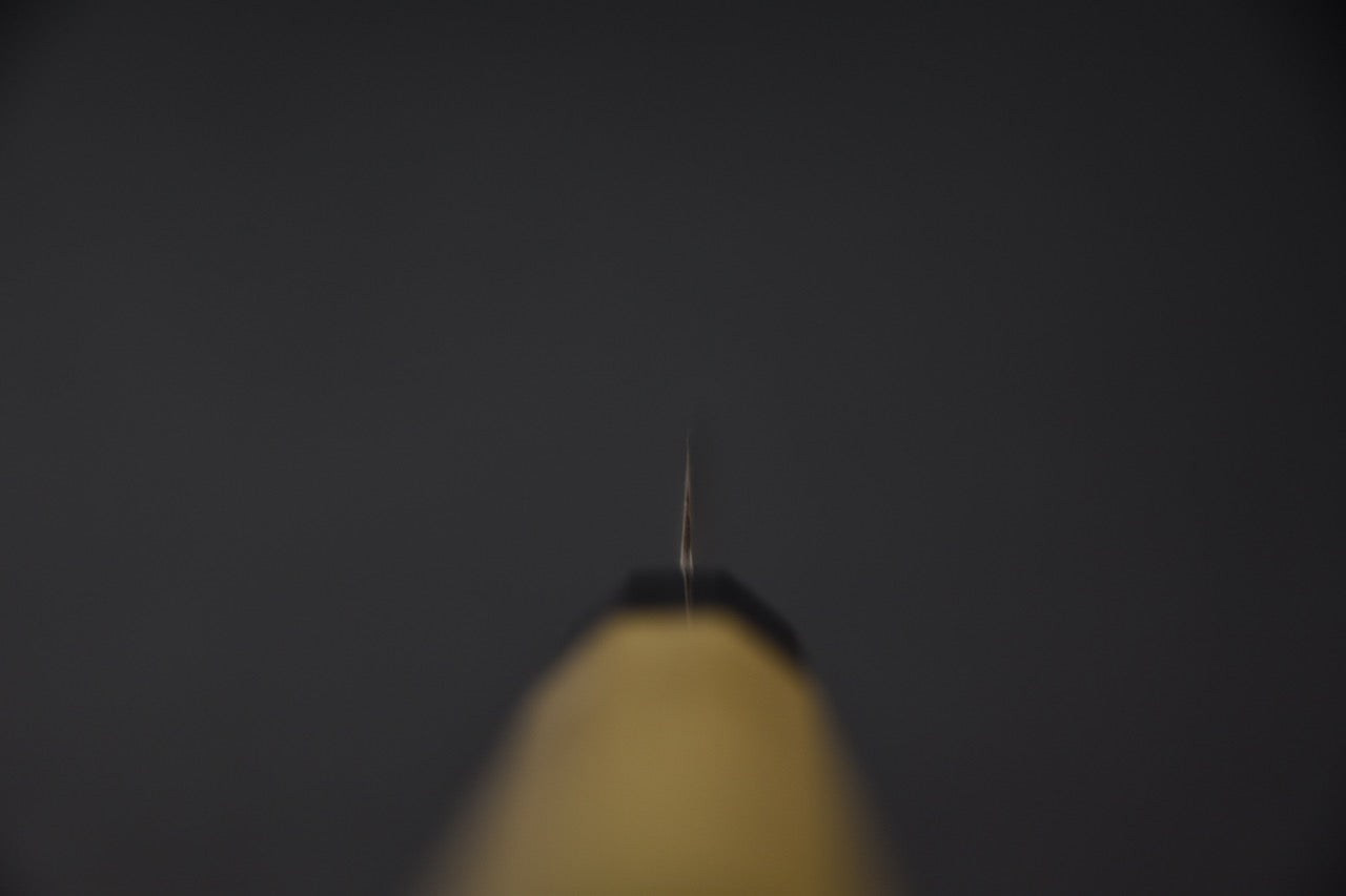 Vue de la lame du dessus illustrant la finesse du tranchant du couteau japonais Hitohira Hizen.