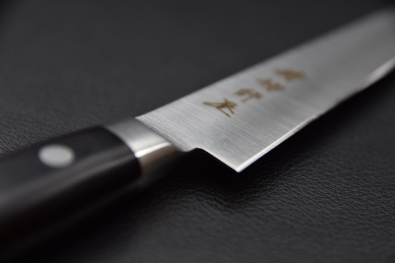 Manche en bois pakka du couteau Hitohira Imojiya Petty 120mm avec trois rivets