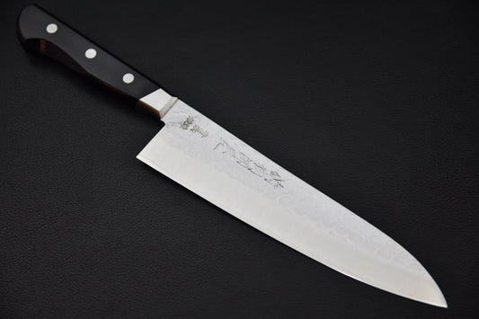 Couteau japonais gyuto 200mm Hitohira Imojiya Kuma avec manche pakka, vue complète.