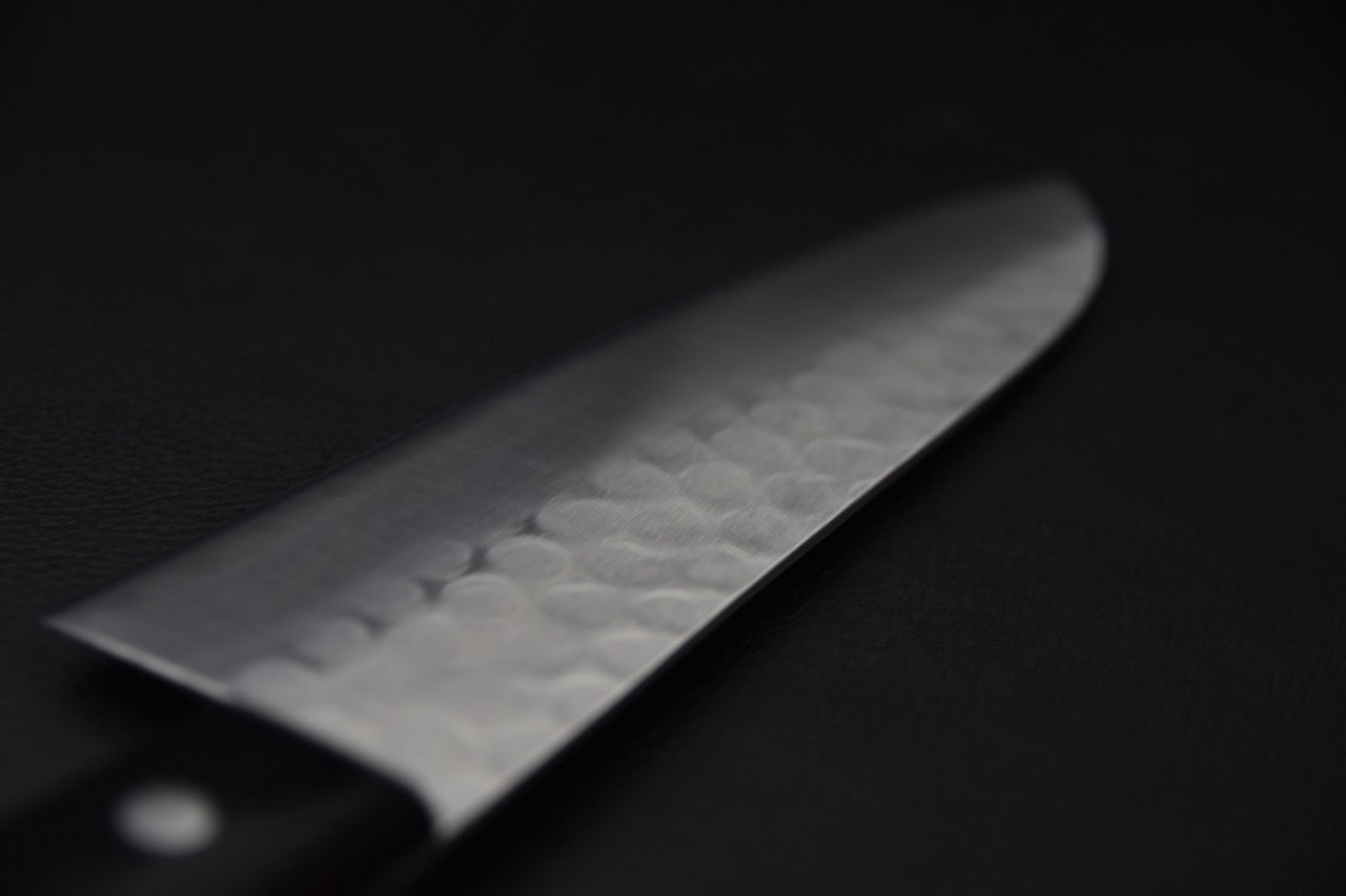 Hitohira Imojiya Kuma Blue #2 Nashiji Tsuchime Santoku 170mm Pakka Handle