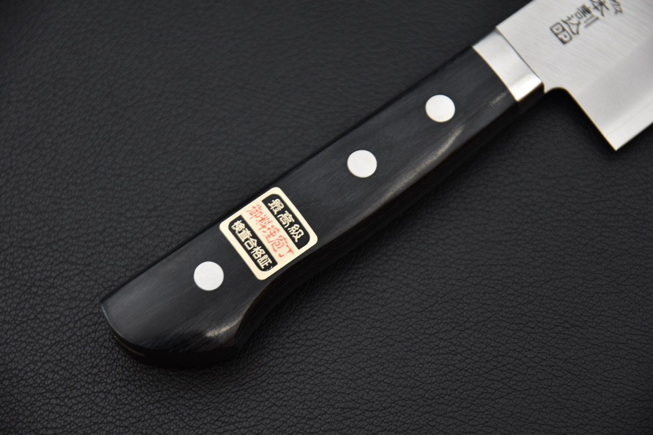 "Manche en pakka noir à trois rivets du couteau japonais Hitohira Imojiya MZ Chromax — Stay Sharp Montréal."