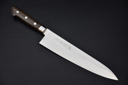 Couteau japonais gyuto 210 mm lame SG2 montée sur manche pakka brun élégant