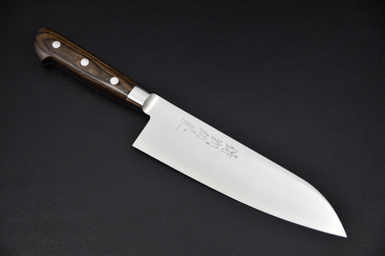 Couteau japonais Santoku 180mm Hitohira Imojiya ST SG2 avec manche pakka brun — vue complète.