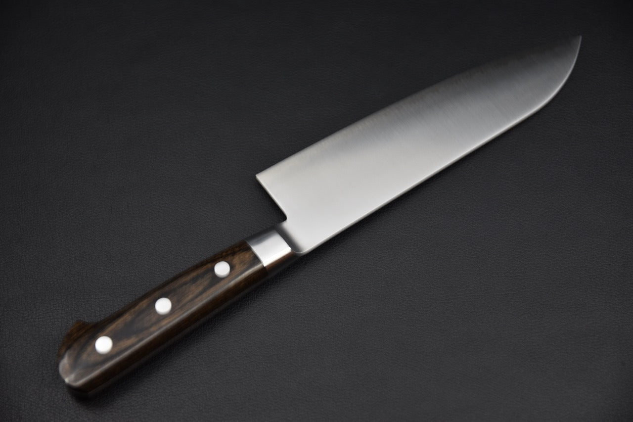 Manche pakka brun à trois rivets du couteau japonais Hitohira Imojiya ST Santoku 180mm.