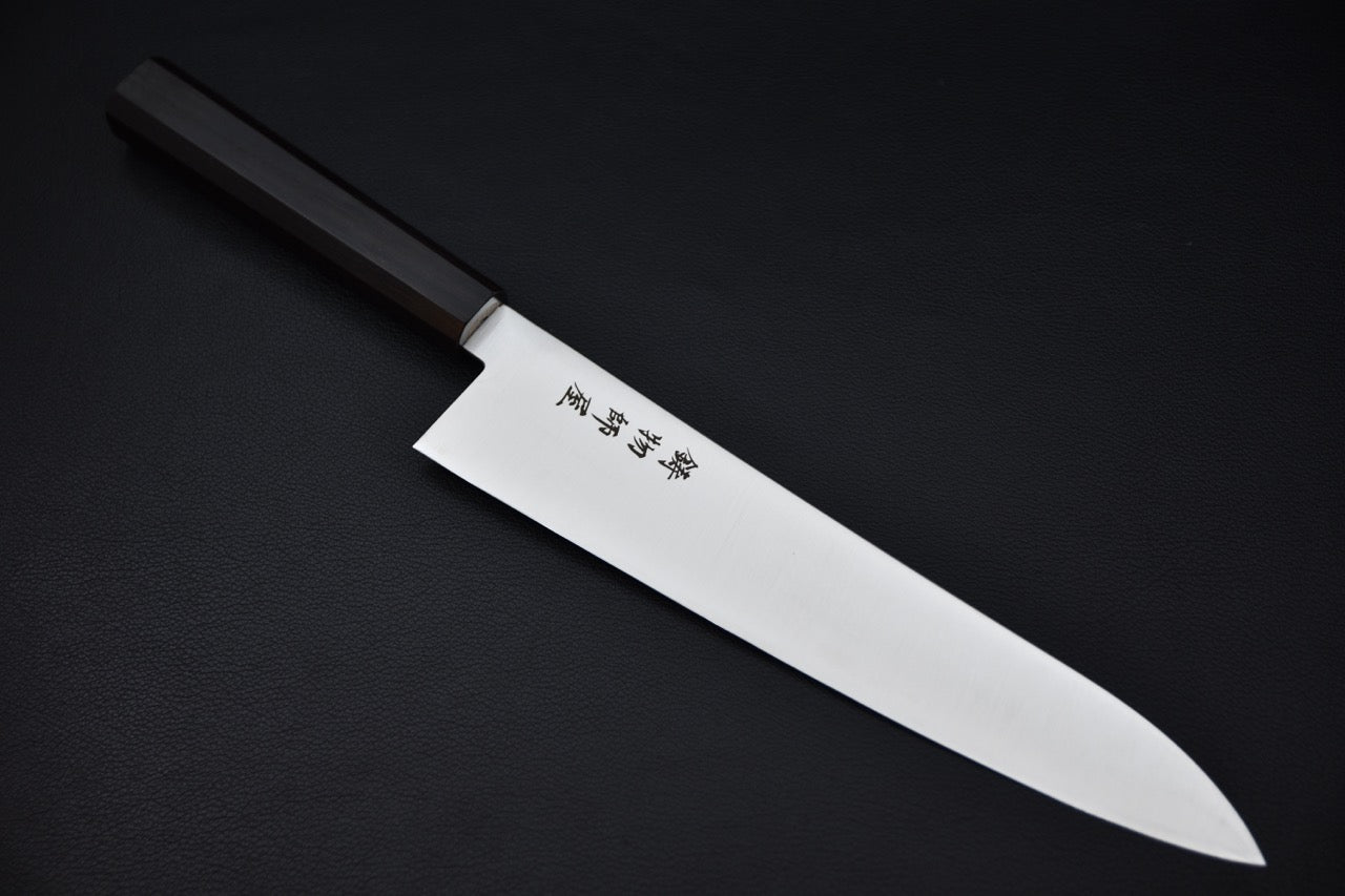 Couteau japonais gyuto 240 mm Hitohira Imojiya TH Inox, vue complète avec manche en ébène