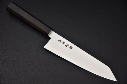 Vue complète du couteau japonais Hitohira Imojiya TH Stainless Bunka 180 mm, manche en ébène