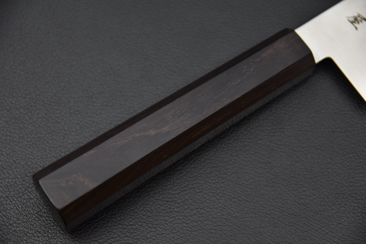 Couteau japonais gyuto Hitohira Imojiya — détail du manche en ébène foncé