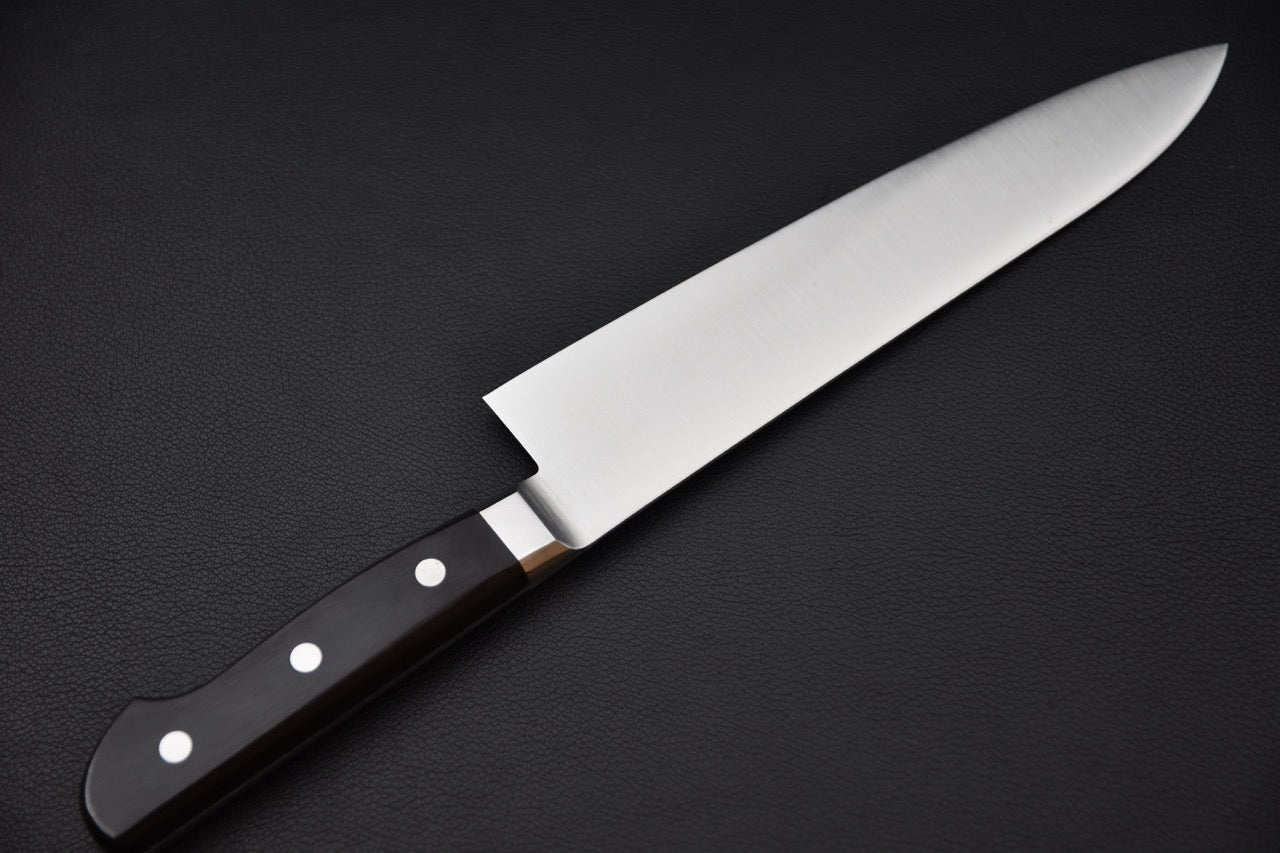 Profil latéral du couteau japonais Gyuto Hitohira Imojiya TH, lame 210mm finition satinée.