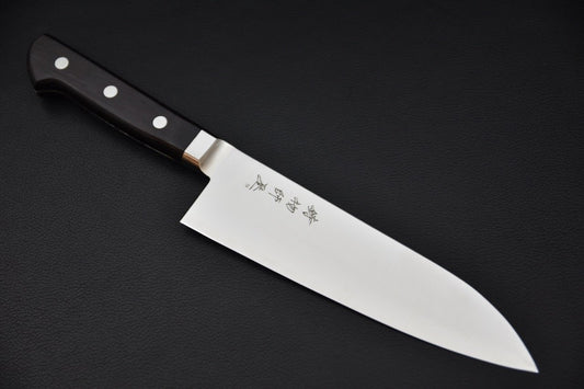Couteau japonais Santoku 180mm Hitohira Imojiya TH Stainless, lame en acier inoxydable et manche en bois pakka — vue complète.