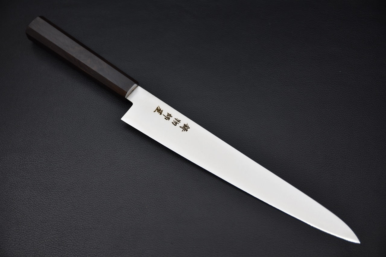 Vue complète du couteau japonais Hitohira Imojiya TH Stainless Sujihiki 240 mm, manche ébène