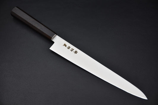 Vue complète du couteau japonais Hitohira Imojiya TH Stainless Sujihiki 240 mm, manche ébène