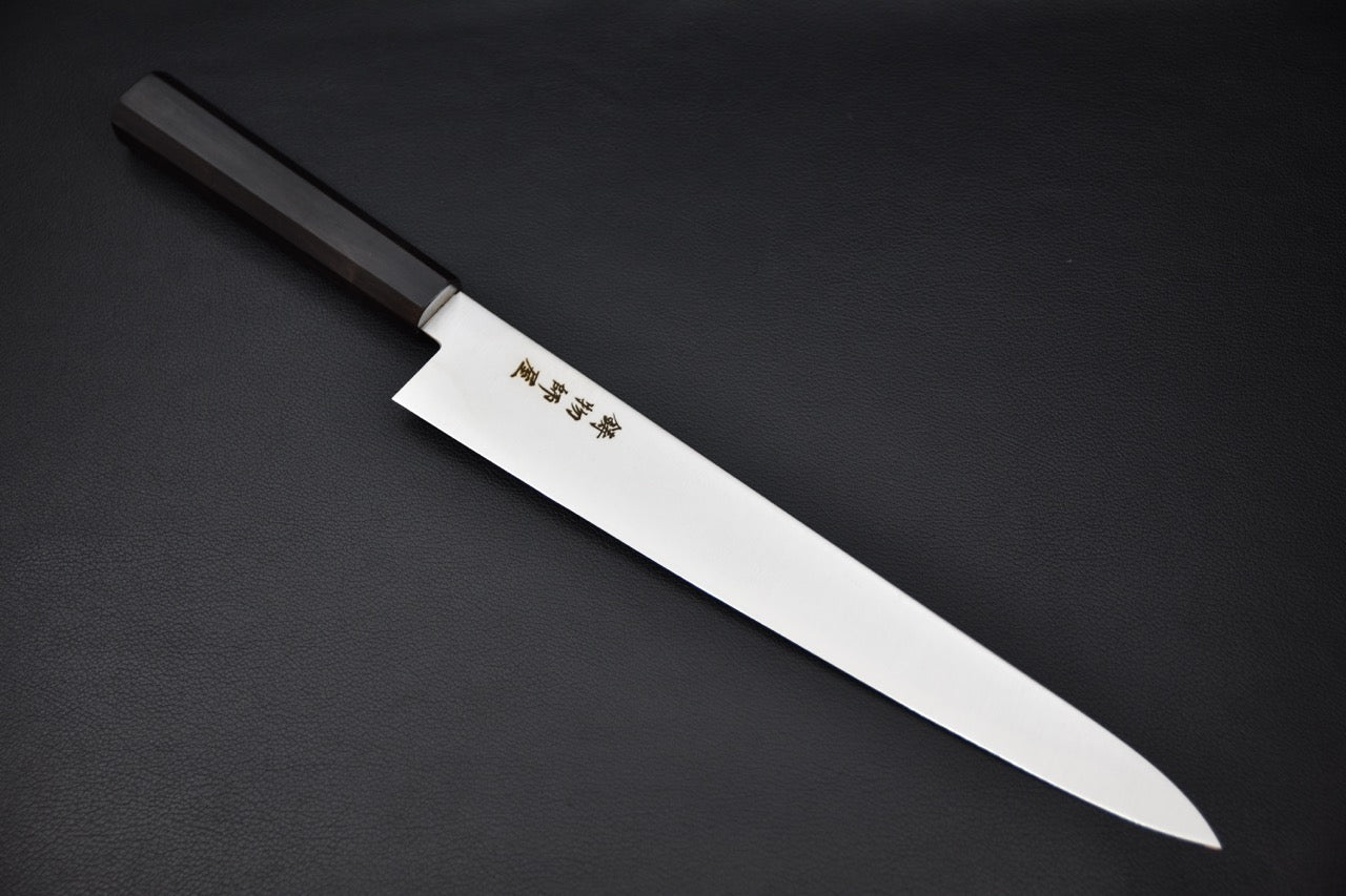 Vue complète du couteau japonais Hitohira Imojiya TH Stainless Sujihiki 270 mm, manche ébène