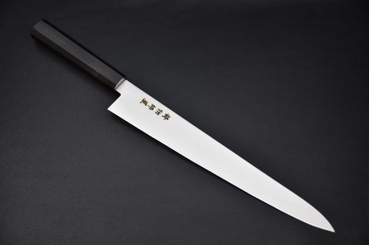 Vue complète du couteau japonais Hitohira Imojiya TH Stainless Sujihiki 270 mm, manche ébène