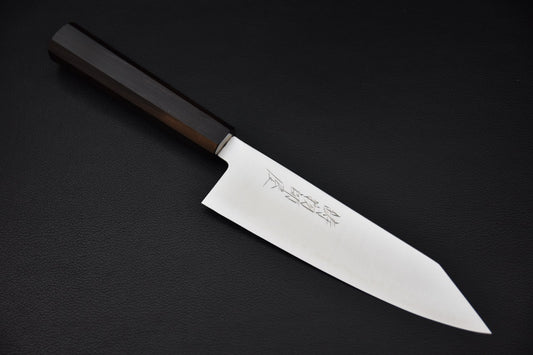 Couteau japonais Hitohira Imojiya TH bunka 181 mm en V-Toku 2, vue complète avec manche octogonal en ébène.