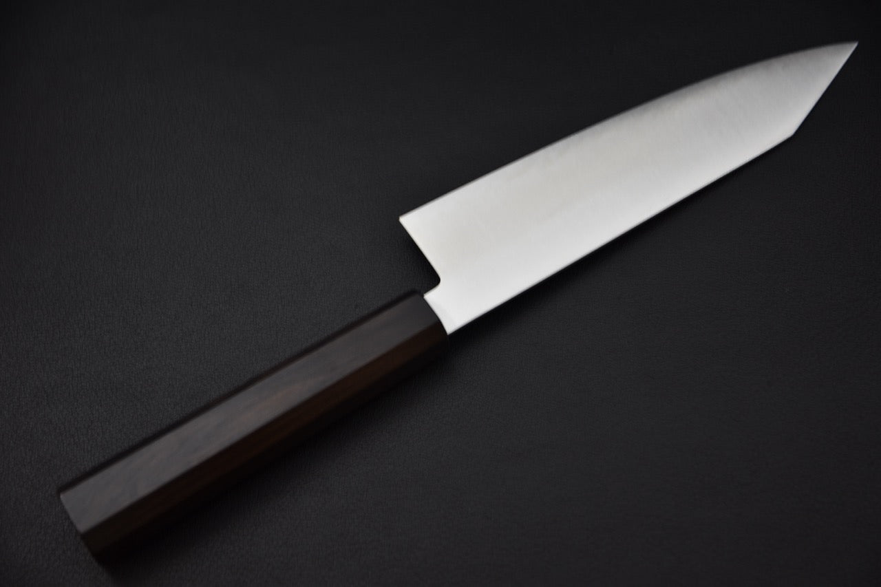 Couteau japonais Hitohira Imojiya TH bunka, vue complète du côté opposé avec lame satinée et manche en ébène.