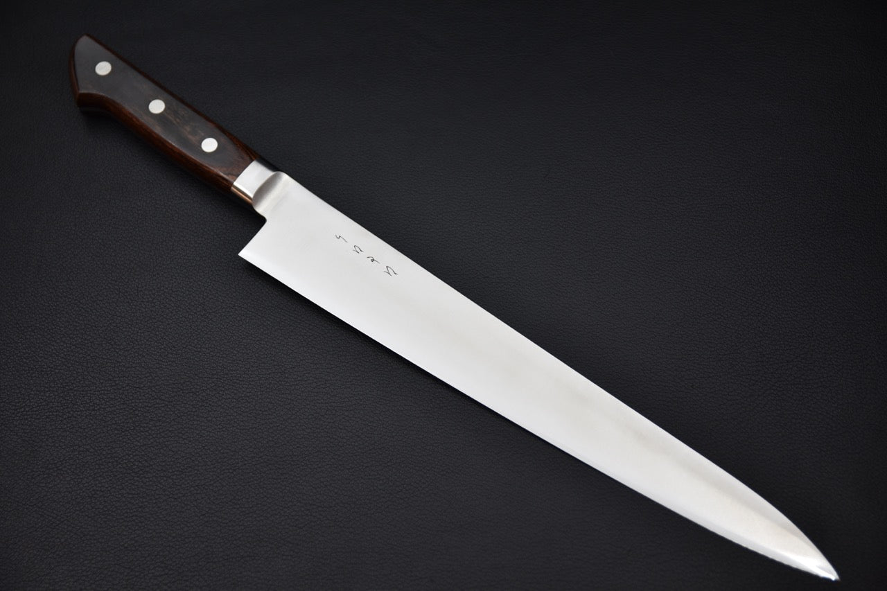 couteau japonais sujihiki lame longue lisse, manche imitation acajou, profil trancheur précis