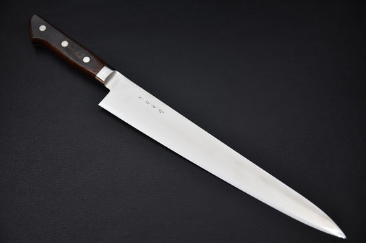 couteau japonais sujihiki lame longue lisse, manche imitation acajou, profil trancheur précis