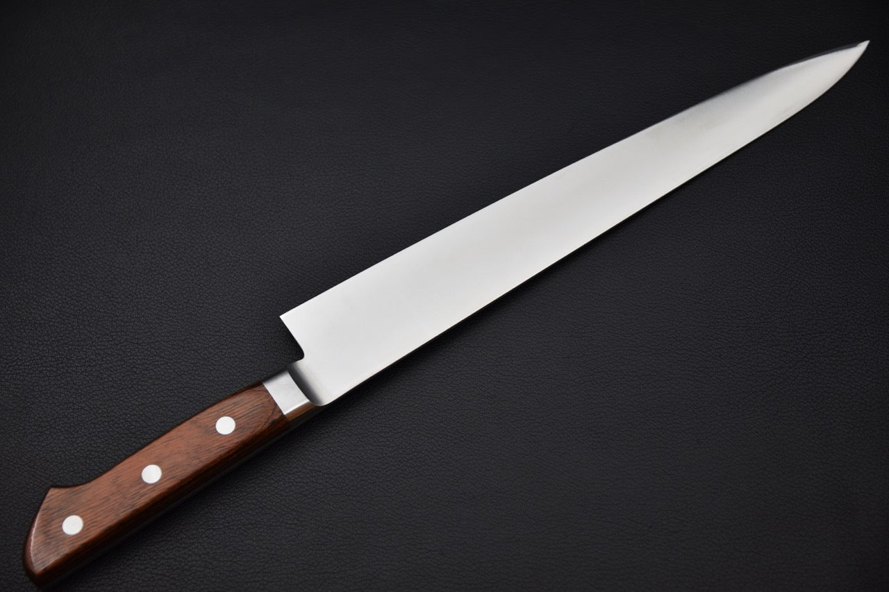 couteau japonais silhouette élancée, biseau net, manche imitation acajou western
