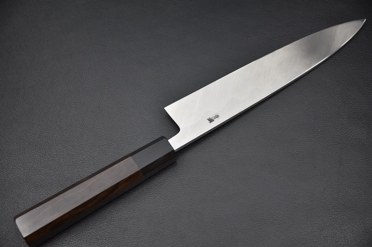 Couteau japonais Hitohira Kikuchiyo Manzo Mioroshi Deba 210mm – manche octogonal en ébène