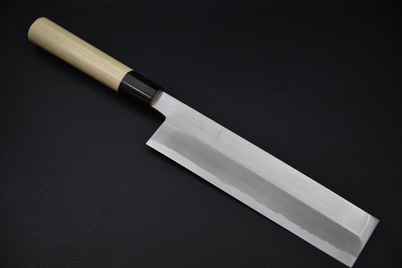 Couteau japonais usuba 210mm Hitohira Kikuchiyo Manzo, vue complète de la lame et du manche en bois de ho — Stay Sharp Montréal.