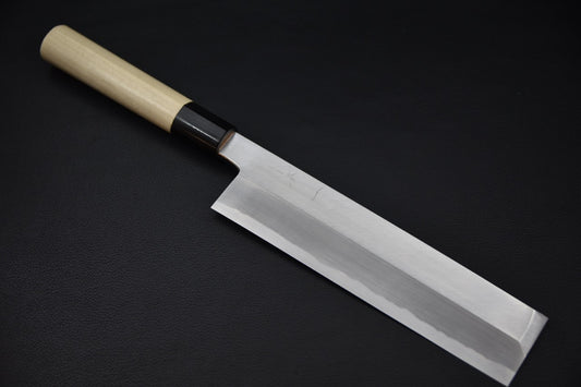 Couteau japonais usuba 210mm Hitohira Kikuchiyo Manzo, vue complète de la lame et du manche en bois de ho — Stay Sharp Montréal.