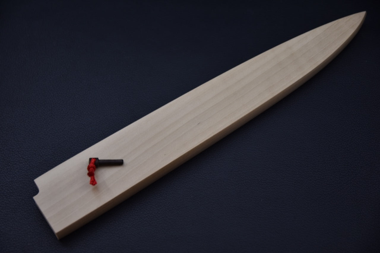 Vue complète du saya Hitohira Mumei pour Yanagiba 270mm, profil lisse en bois clair.