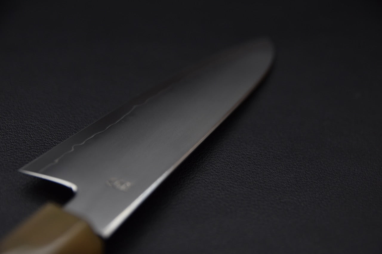 Mise au point douce sur le tranchant et la ligne de sanmai.