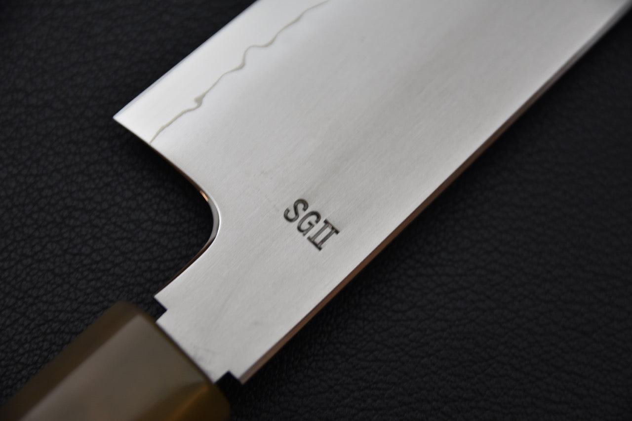 Zoom sur l'inscription "SG2" sur la lame brillante.