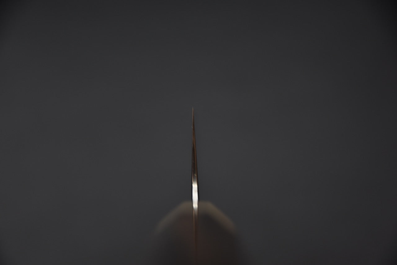 Vue depuis la pointe du tranchant montrant la finesse de l’émouture.