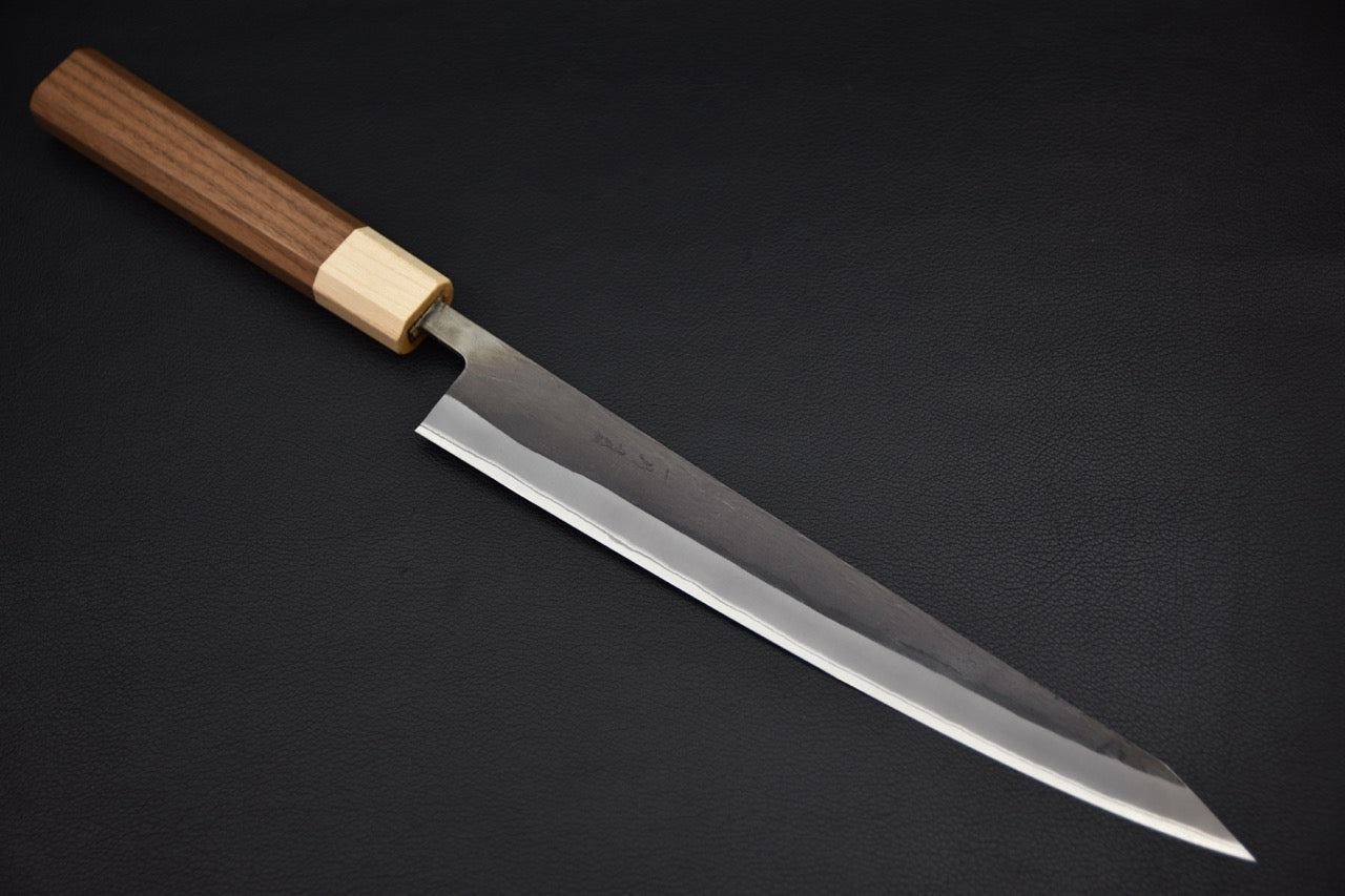 Couteau japonais sujihiki 240 mm Hitohira TD Aogami #2 kurouchi avec manche en noyer, vue complète profil gauche.