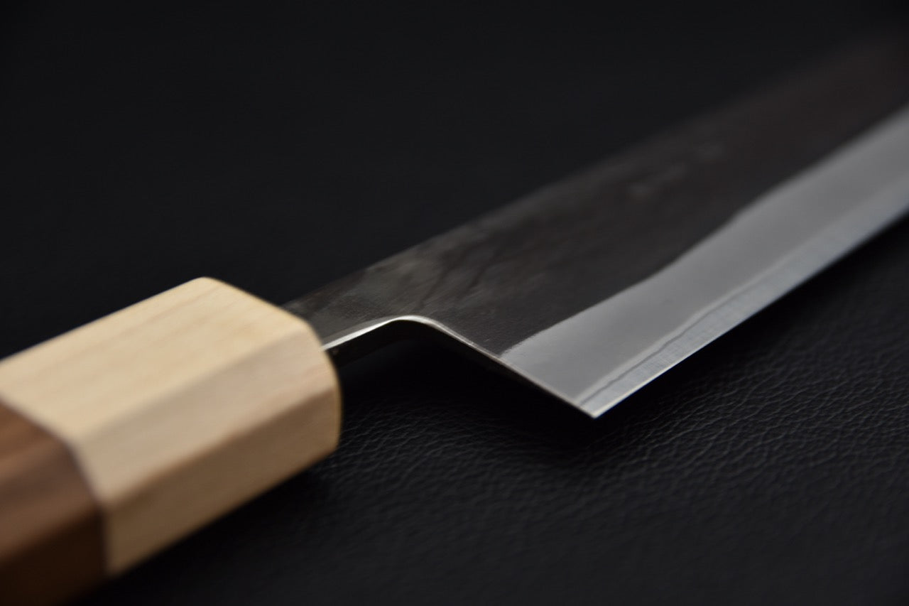 Couteau japonais sujihiki Hitohira TD, détail du talon de lame et jonction manche.