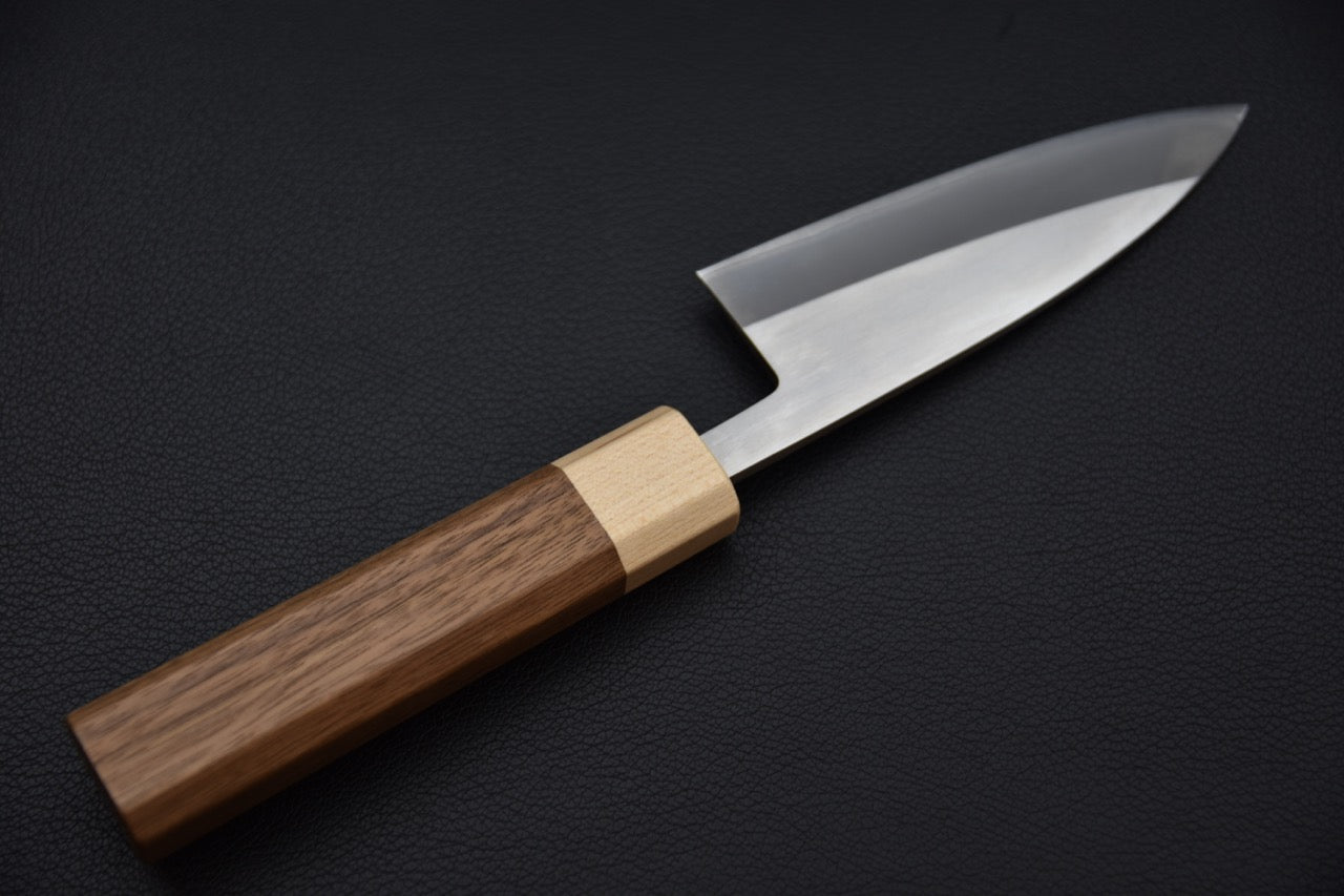 Vue complète du couteau Office 105mm côté opposé, manche noyer et érable