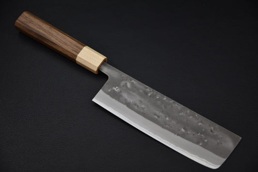 Couteau japonais Nakiri 165 mm Blue #2 avec manche en noyer, vue complète — Stay Sharp Montréal.