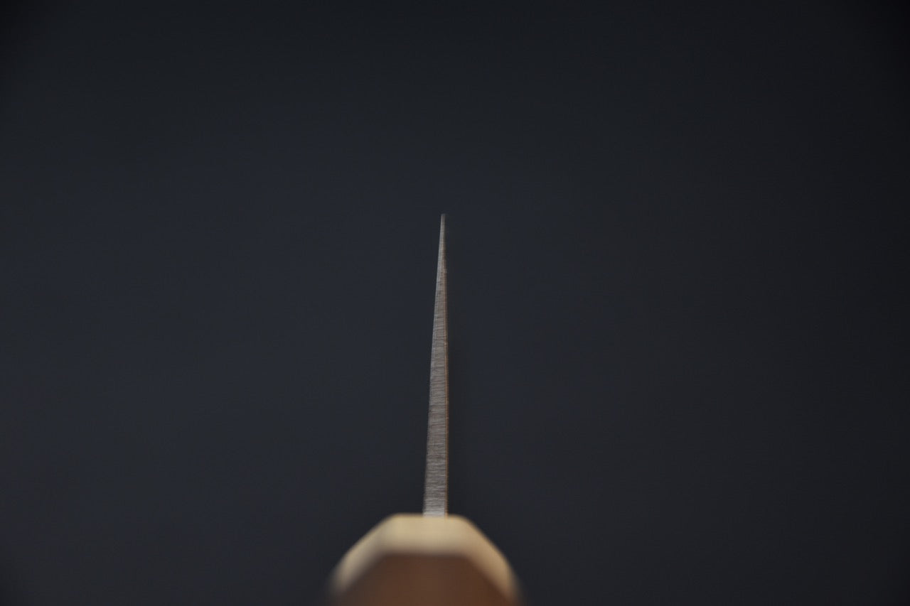 Vue de l’émouture et du talon du couteau japonais Nakiri Blue #2 — Stay Sharp Montréal.