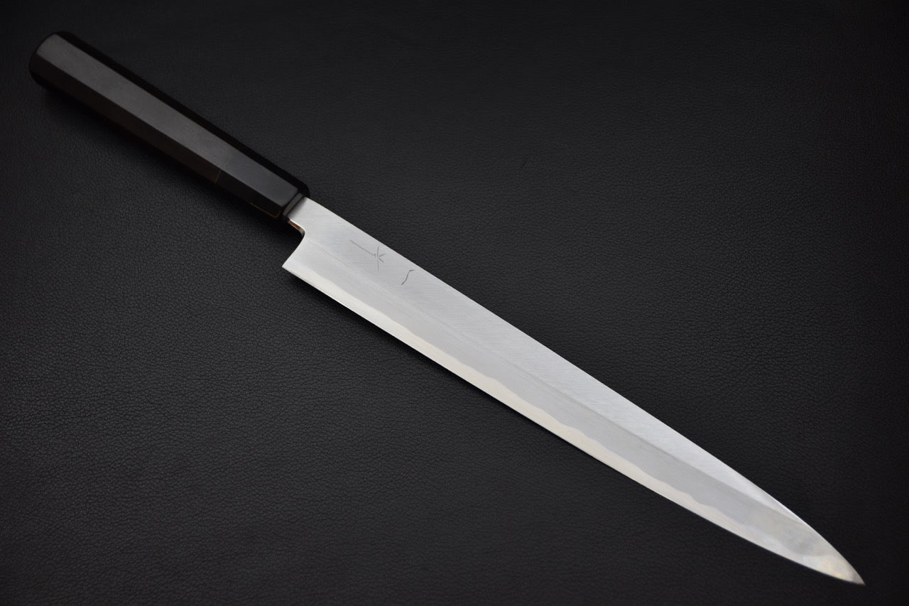 couteau japonais yanagiba lame longue manche ébène octogonal saya noir

