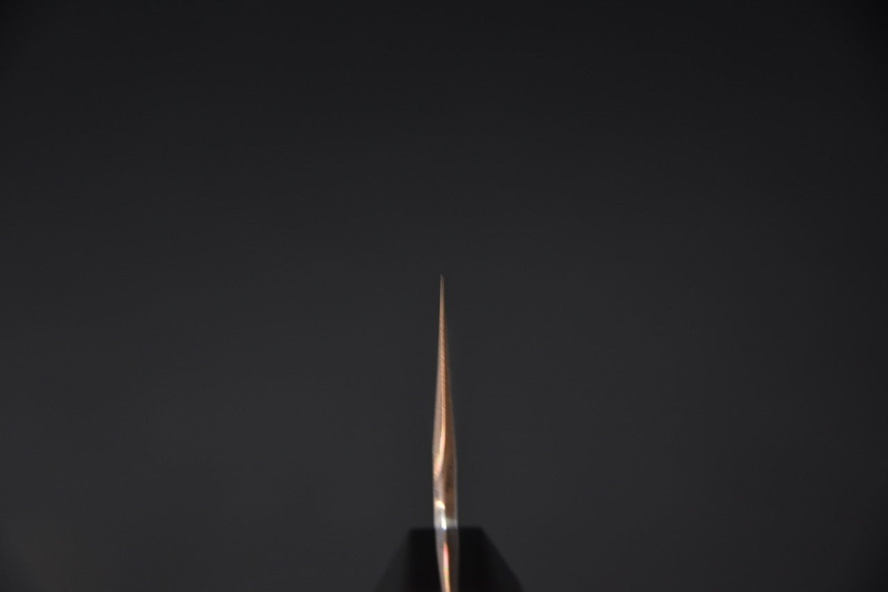 Vue depuis le dos de la lame montrant la finesse du tranchant du couteau japonais Hitohira Tanaka Kyuzo — Stay Sharp Montréal.