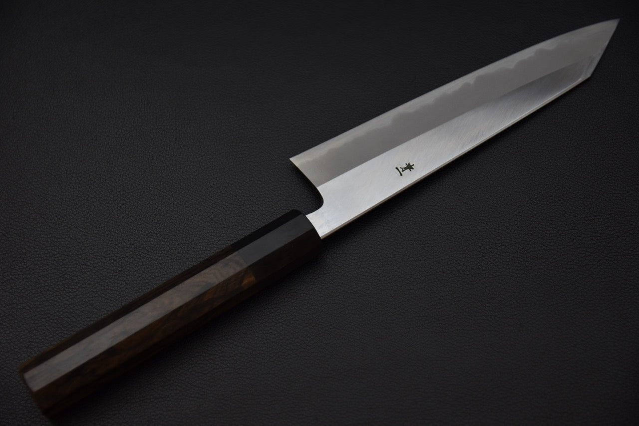 Vue latérale complète du couteau japonais Hitohira Tanaka Kyuzo Aogami #1 Kiritsuke Gyuto 195mm — Stay Sharp Montréal.