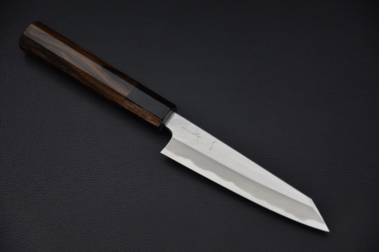 couteau japonais kiritsuke petty 125 mm forgé par Tanaka et affûté par Kyuzo, manche ziricote


