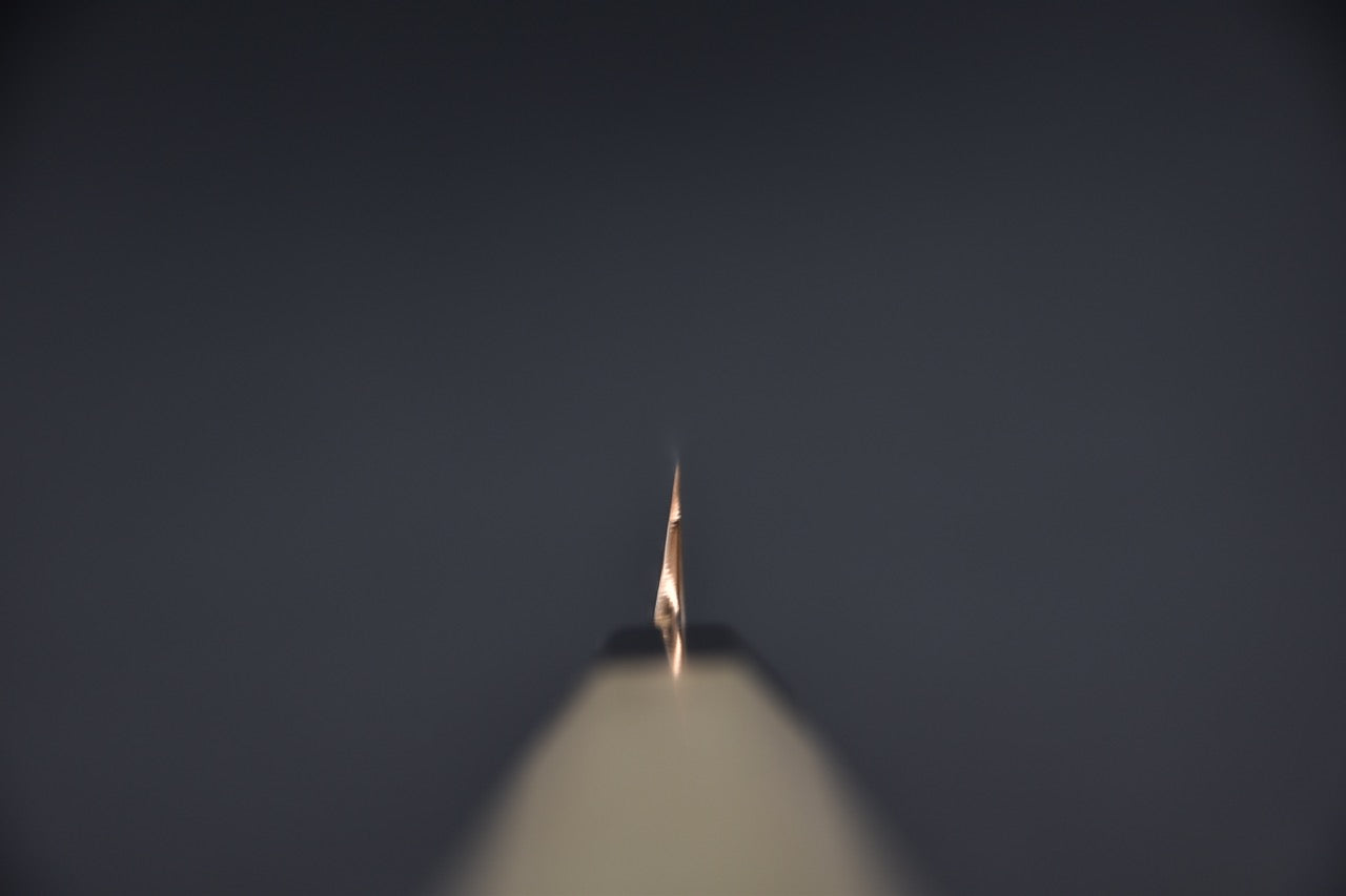 Vue de face du tranchant du Sakimaru Takobiki Hitohira Tanaka Mosuke 300mm