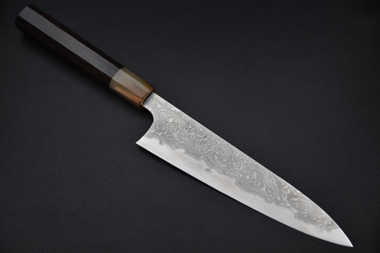 Couteau japonais Gyuto 210mm en Aogami #1 avec lame damassée, vu de haut