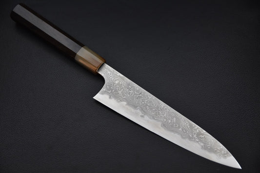 Couteau japonais Gyuto 210mm en Aogami #1 avec lame damassée, vu de haut