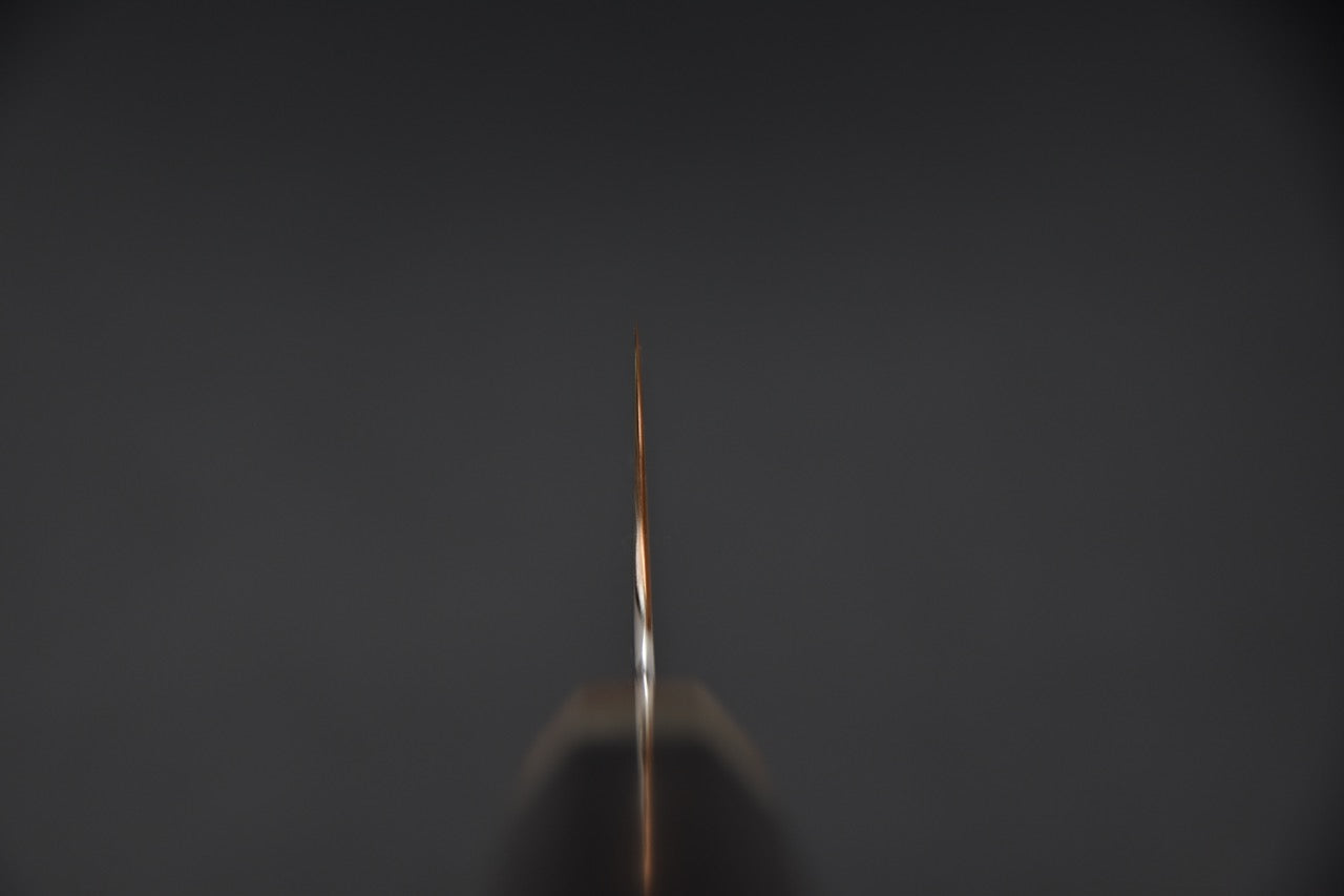 Vue de la lame par le dessus, montrant le biseau et la finesse du tranchant