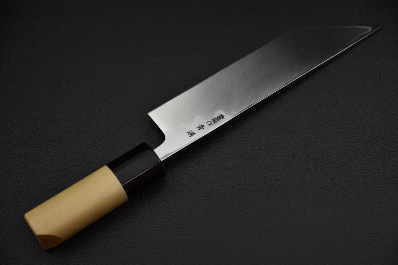 Couteau japonais Hitohira Togashi Edo Saki 180 mm, vue longitudinale de la lame et de sa géométrie à simple biseau.