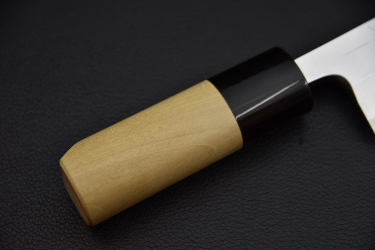 Couteau japonais Hitohira Togashi Edo Saki 180 mm, vue du choil montrant la géométrie de la lame à simple biseau.