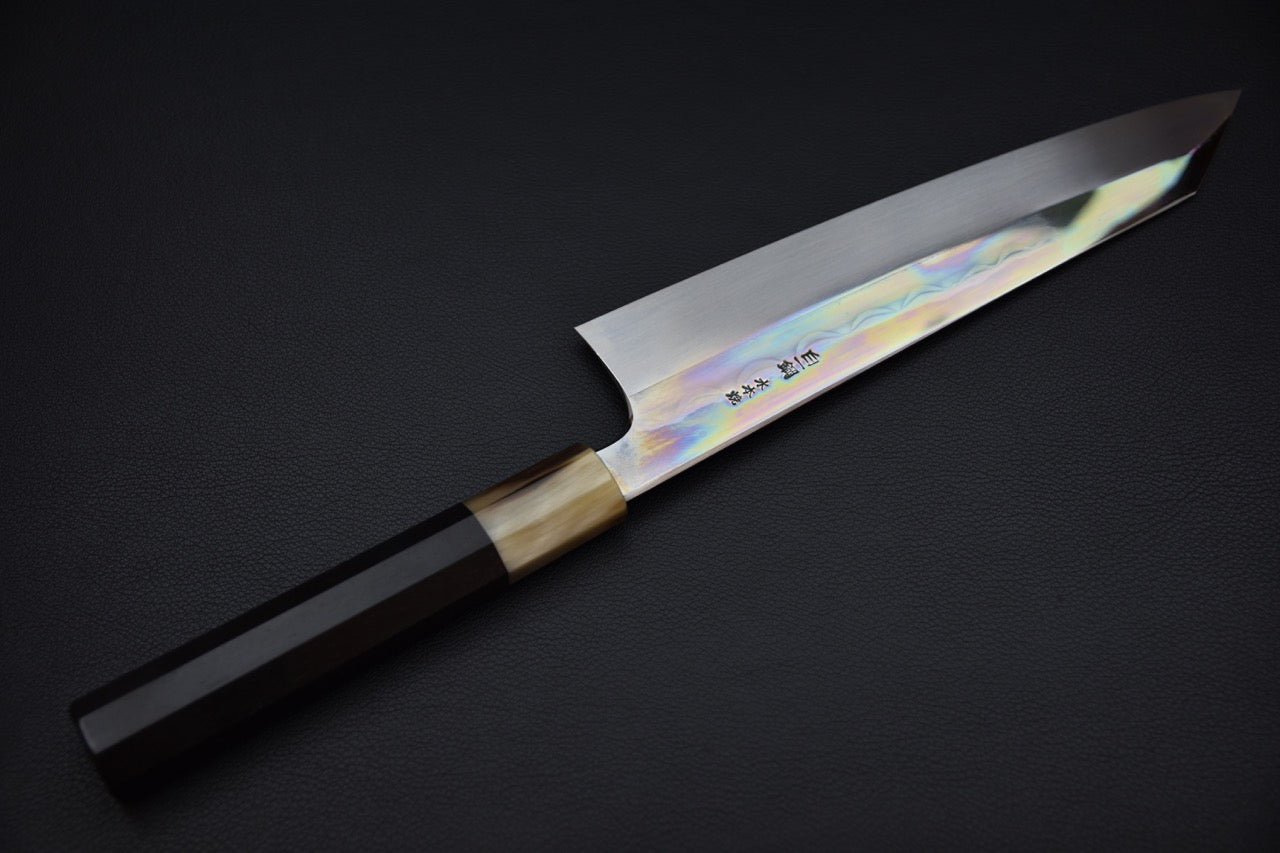 Hitohira Togashi Shirogami #1 Mizu Honyaki Kiritsuke Gyuto 240mm Taihei Ebony (#078)