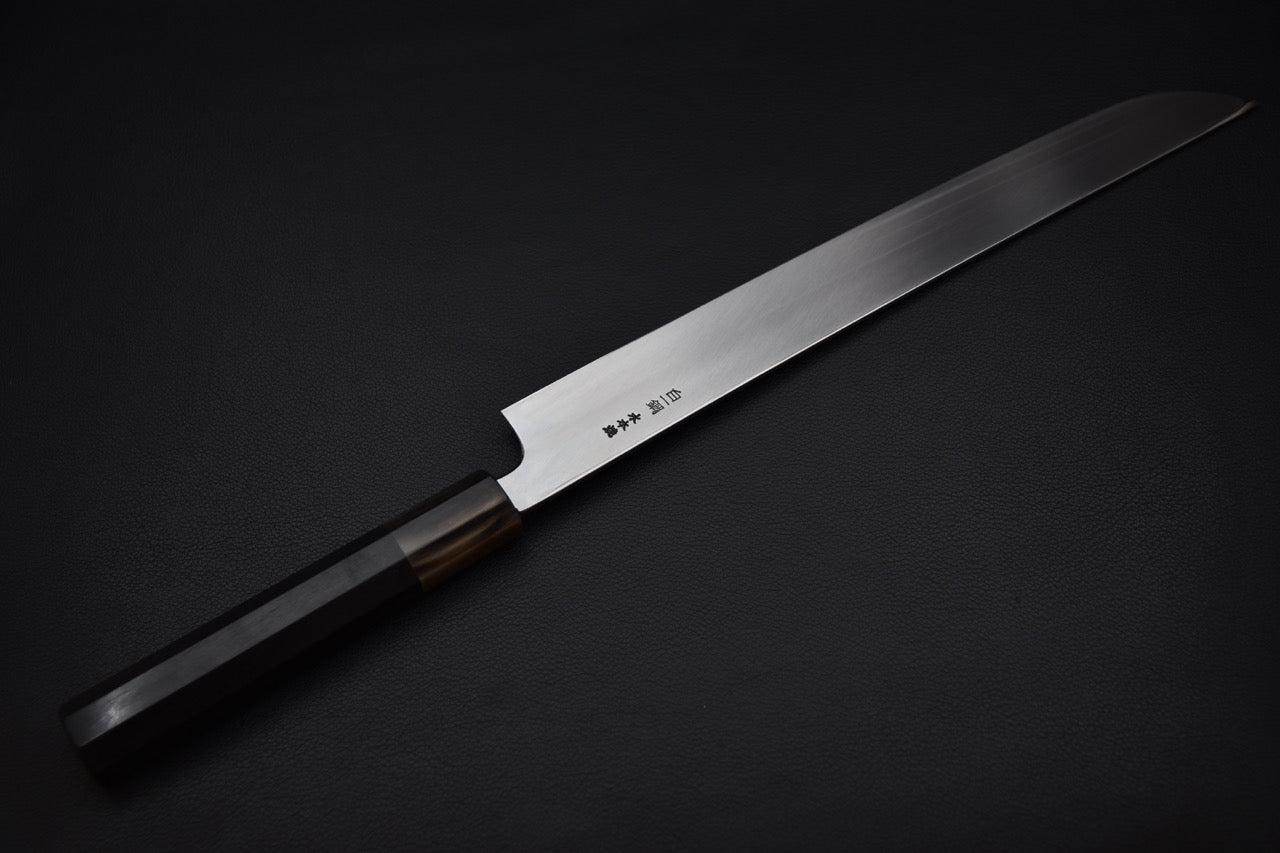 Hitohira Togashi Shirogami #1 Notaremon Mizu Honyaki Yanagi Sakimaru 300mm Taihei Macassar Ebony