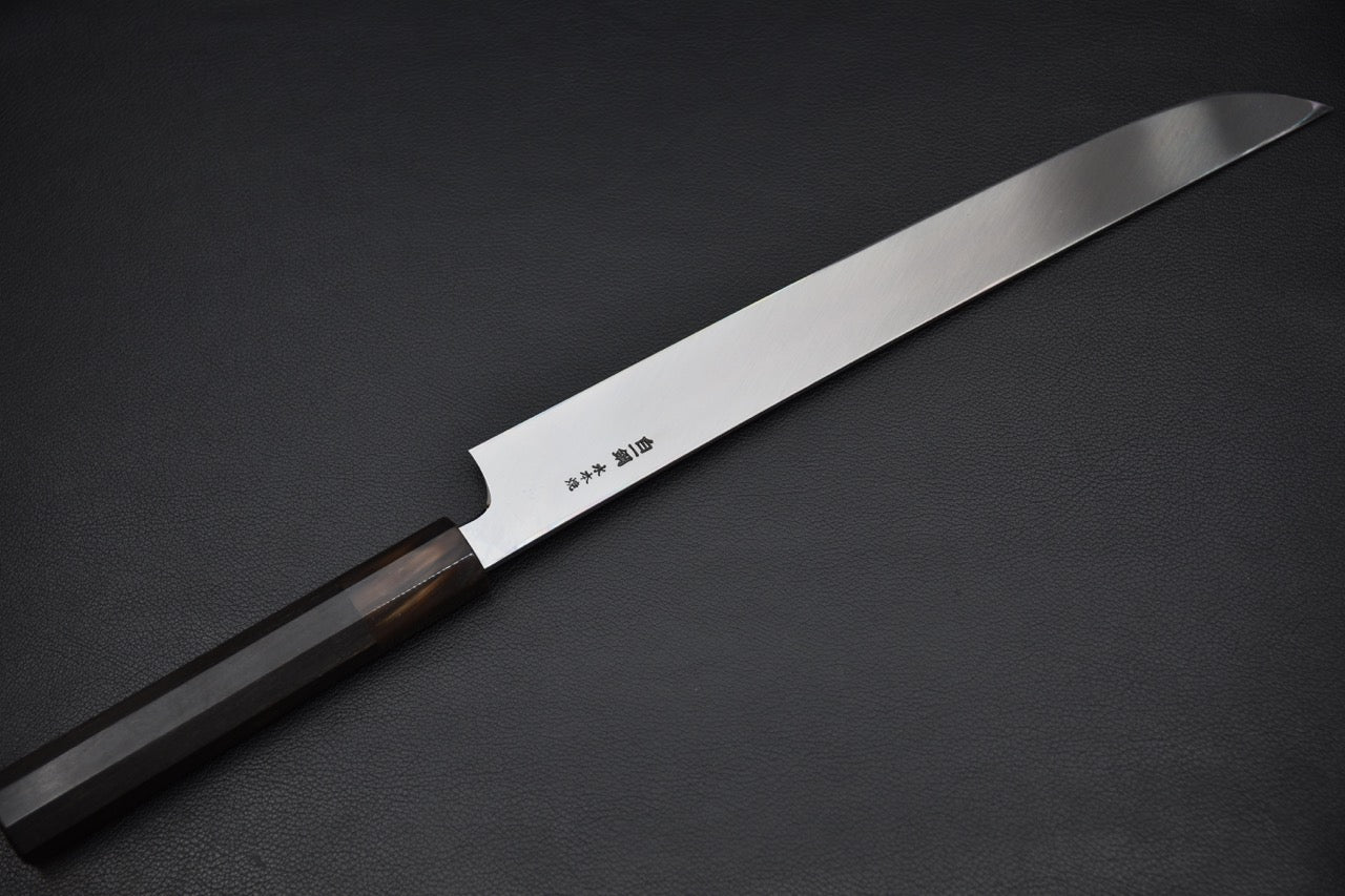 Hitohira Togashi Shirogami #1 Notaremon Mizu Honyaki Yanagiba Sakimaru 300mm Taihei Ebony